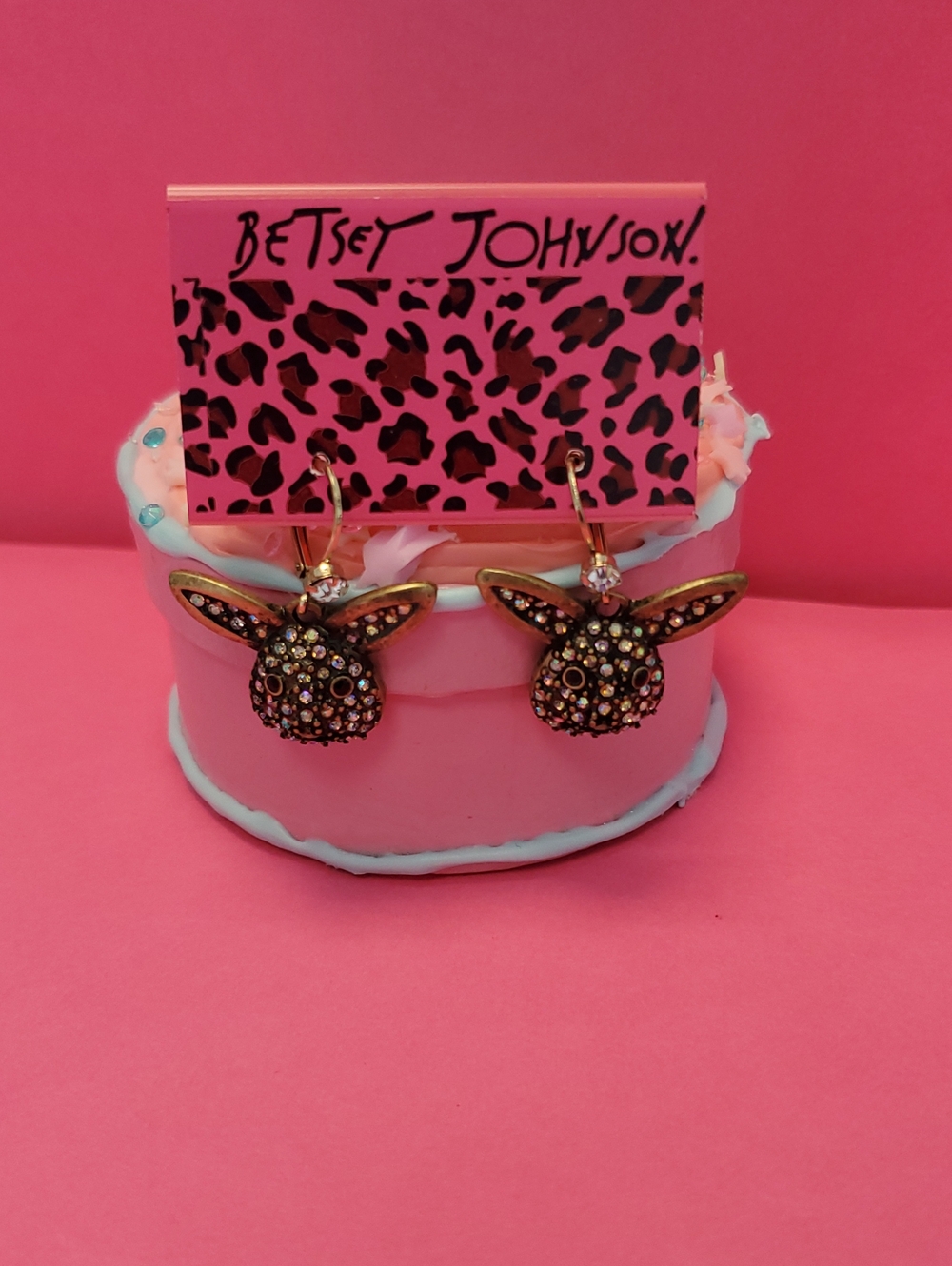 Betsey Johnson Dark Bunny Crystal Dangle Earrings with Pink Accents